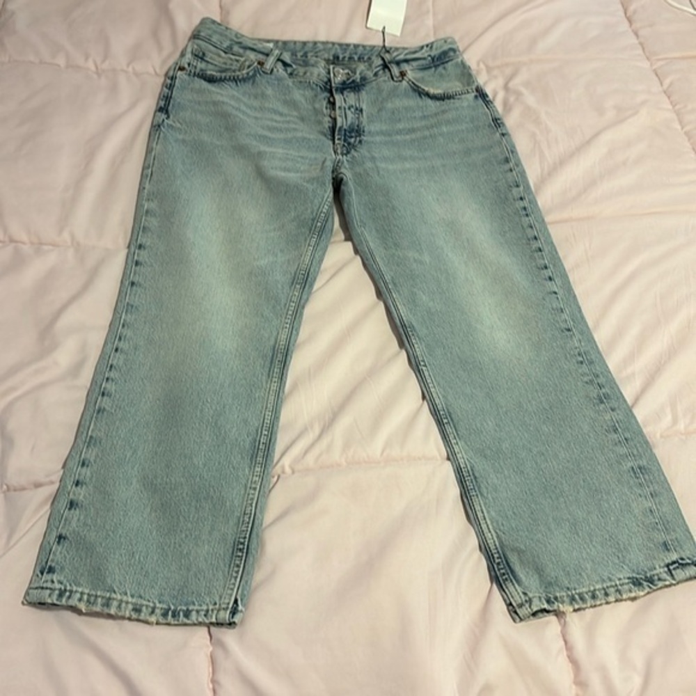 Zara light blue button fly distressed trim blue jeans NEW